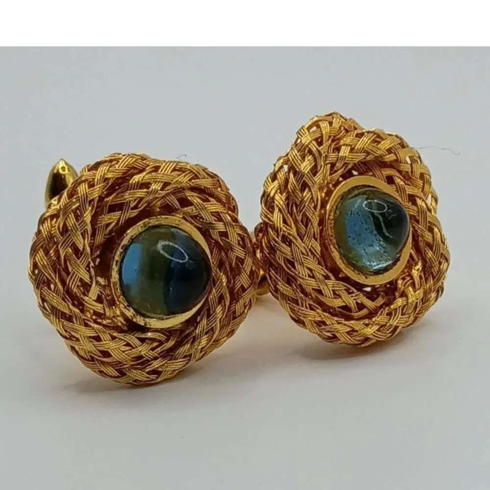 Mid Century Cufflinks with Aqua Blue Cabochons